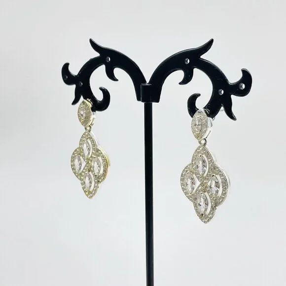 Marquise Chandelier Earrings Silver Tone Rhinestones Glam Bling Sparkle Holiday - Picture 5 of 9